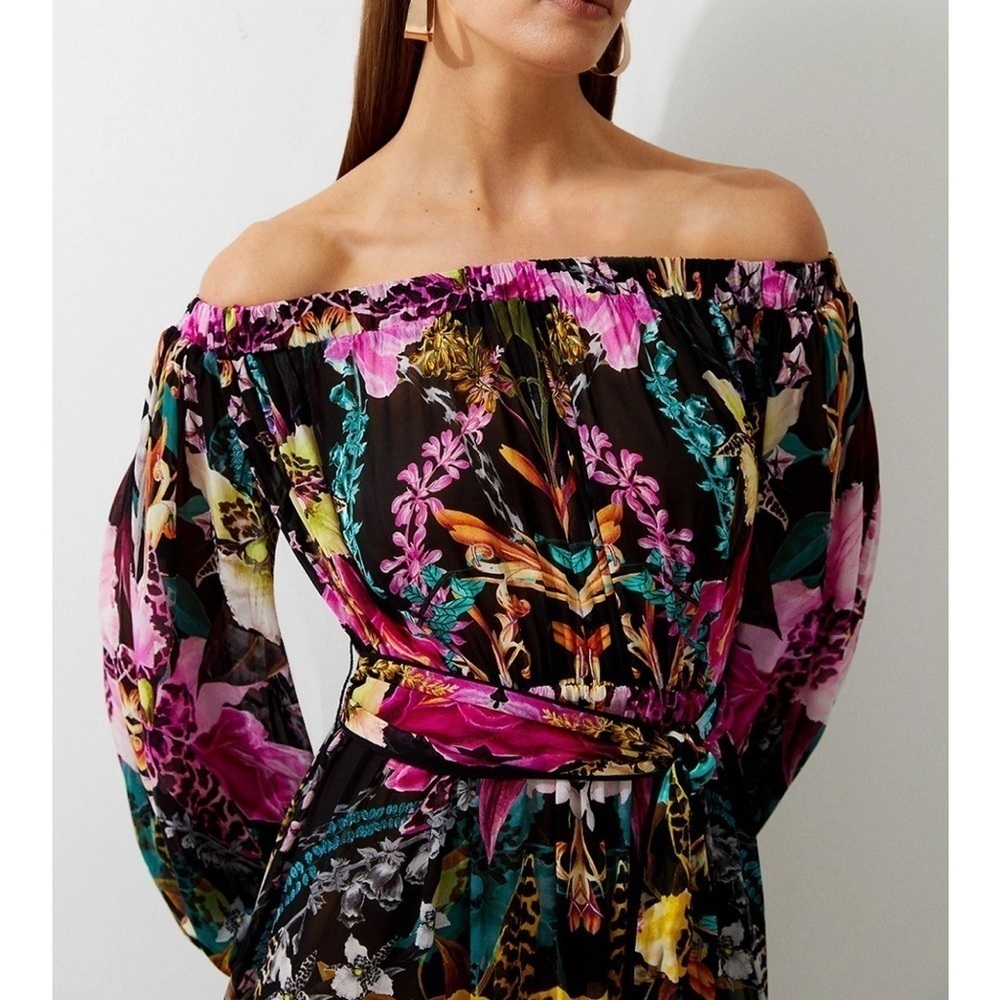 NWT Mirrored Tropical Viscose Georgette Off The Shoulder Beach Maxi Dress small - Picture 4 of 11